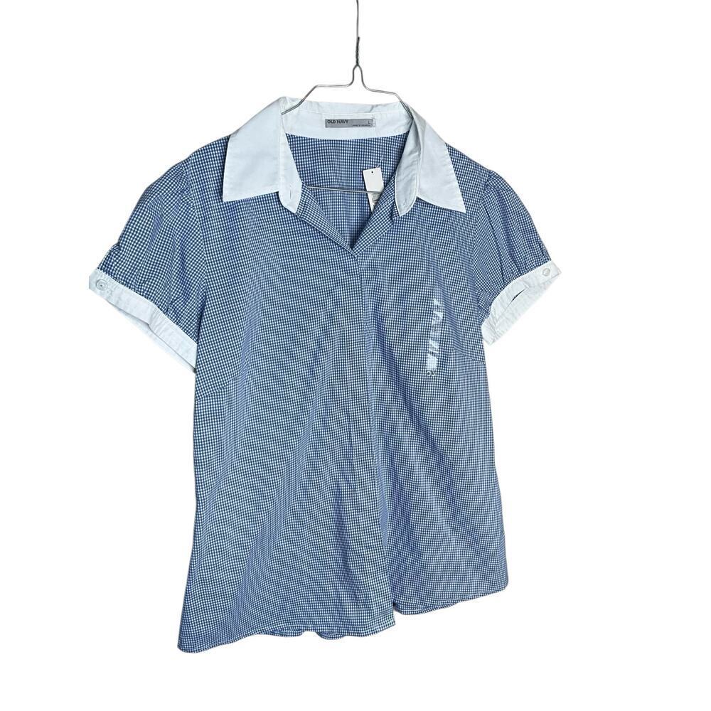 Old Navy Gingham Collared Top Short Sleeve Button Front Womens Blue Large NEW
